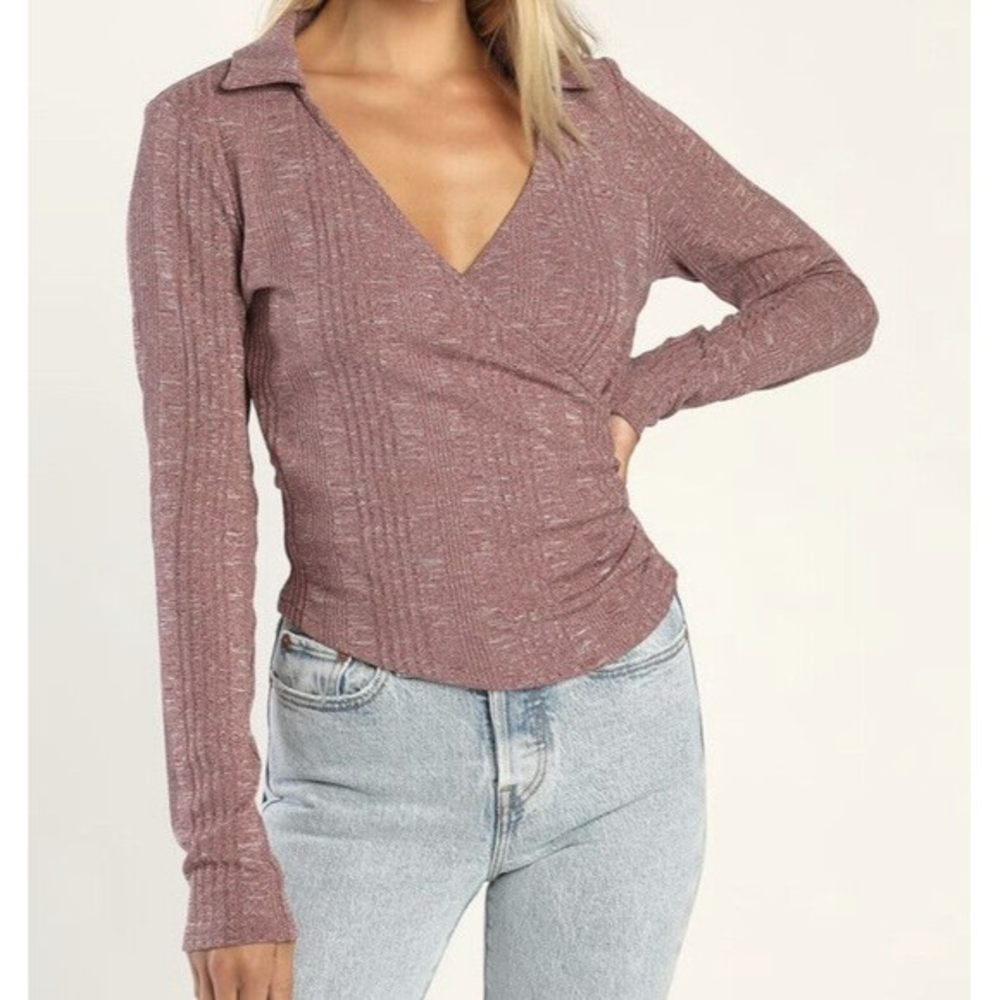 Lulus Ribbed Knit Wrap Collared Long Sleeve Top‎ Dusty Rose Size M